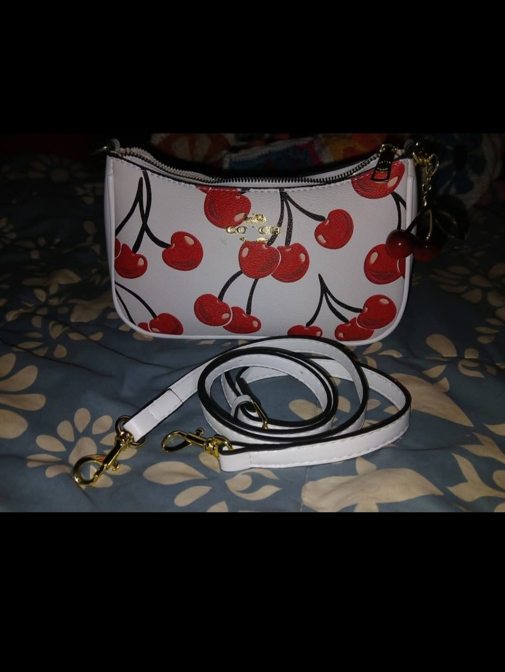 White Cherry Print Crossbody/ Shoulder Bag with Gold Hardware